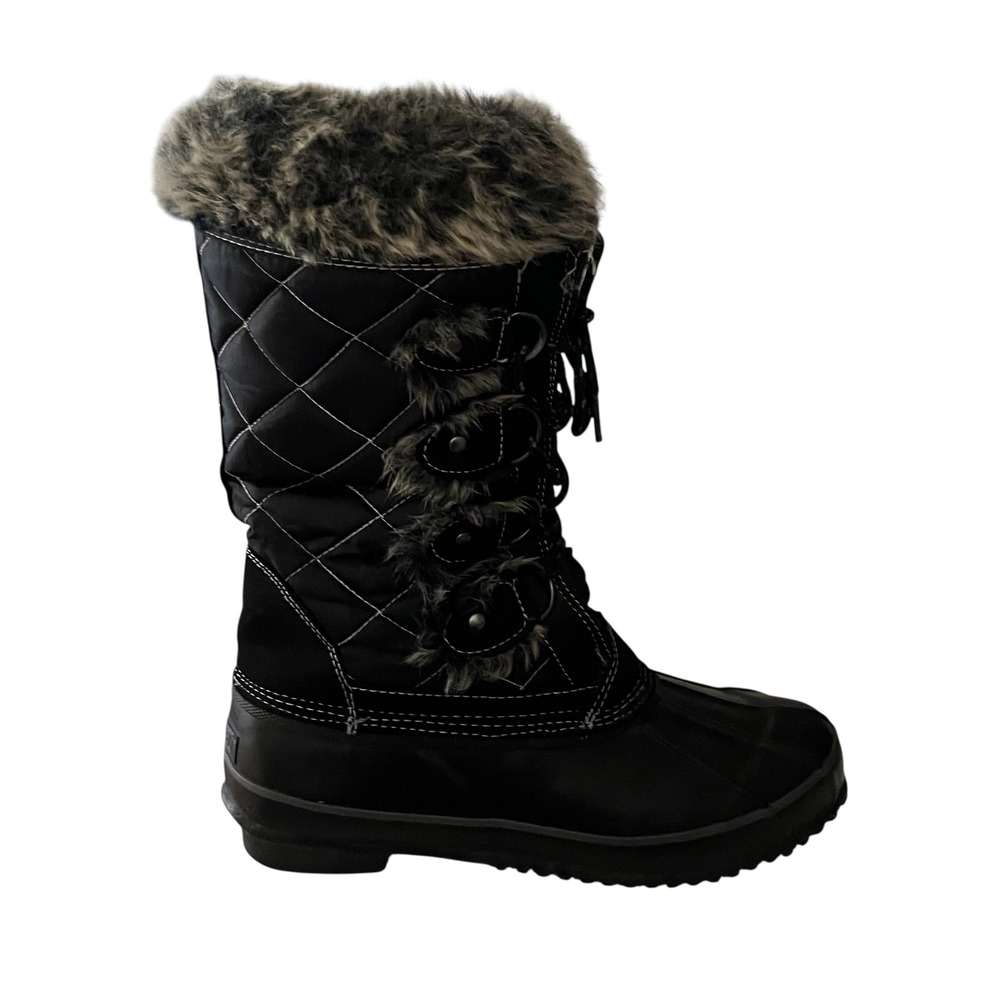 Khombu Black Quilted Fur Trim Lace Up Winter Snow Boots Womens Size 8